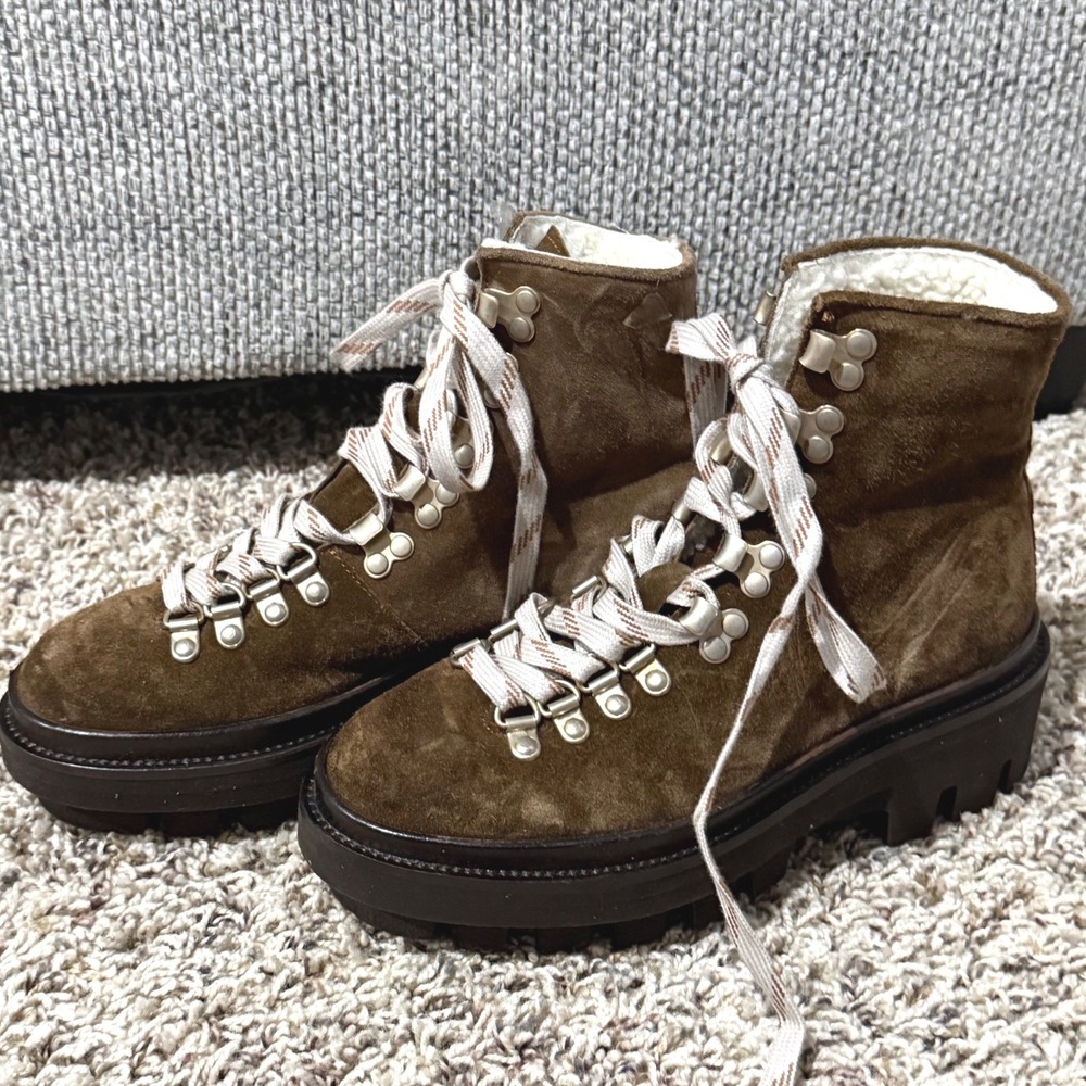 AllSaints Wanda Chocolate Brown Suede Shearling Line Boots Lug Sole 34ZW0358-CHC